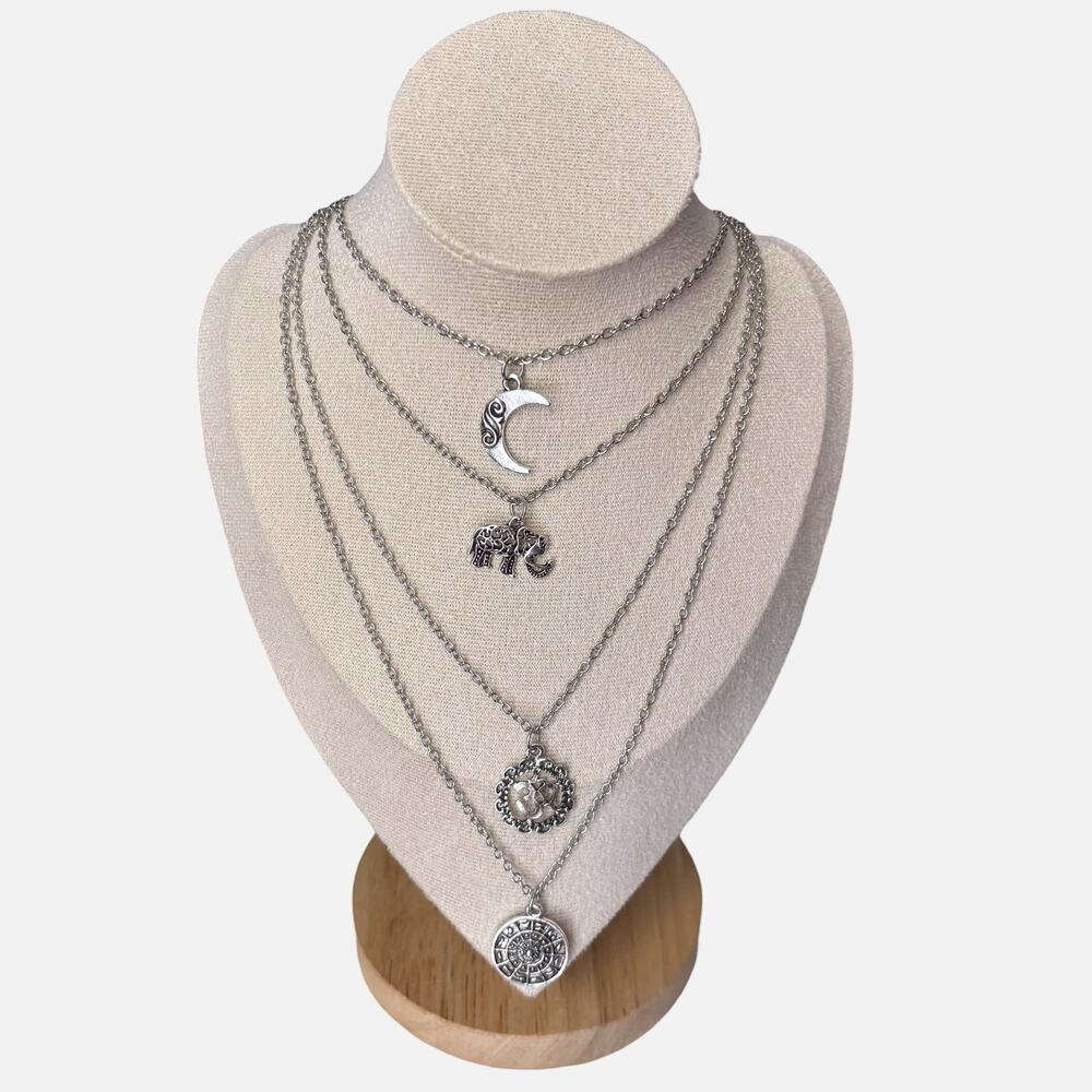 Mystic Moon & Elephant Layered Silver Necklace